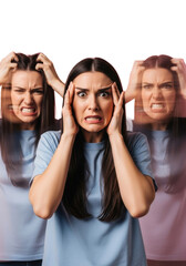 Young woman in panic, hands at temples, flanked by blurred ghosted figures of her frustration and fury on pastel pink studio background with dramatic lighting, psychological torment