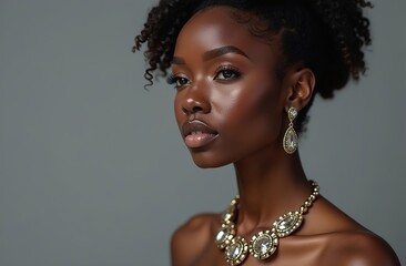 Portrait of an African woman, dark female face with curls in traditional ethnic earrings on a grey background.