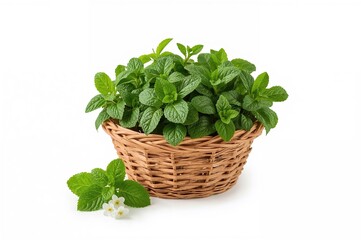 Fresh mint in a woven basket against a white backdrop