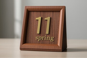 Wooden block calendar showing day eleven of the spring season, ideal for office environment.