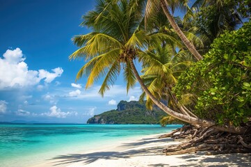 Beautiful serene landscape featuring a tropical shoreline lined with coconut palms.