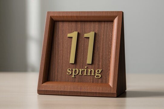 Wooden block calendar showing day eleven of the spring season, ideal for office environment.