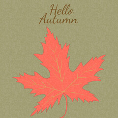 Autumn greeting card with red maple leaf illustration and hello autumn text on green paper background