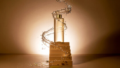 M bius Shampoo Bottle Pouring Liquid onto Floating Escher Staircases for Recursive Cleansing Haircare Visuals