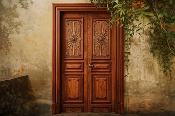 Retro wooden door ornament, textured surface, frame design, architectural element