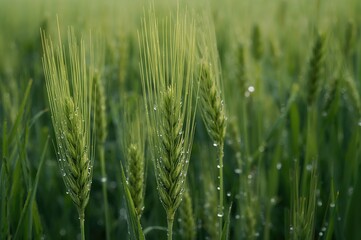 Dew-covered young grain shoots shining in a lush field at dawn.