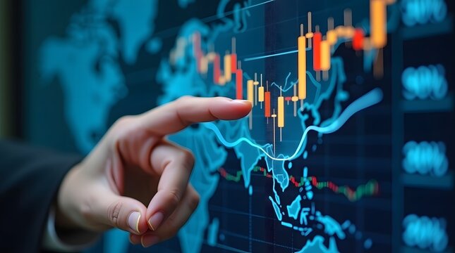 Analyzing Stock Market Trends A Hand Points to Financial Data on a World Map