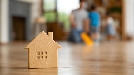 Wooden House Model on Floor with Family Cleaning in Background Home Concept.