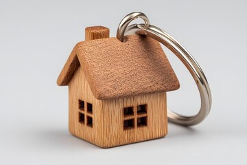 Handcrafted Wooden House Keychain: Detailed Close-up of Intricate Carving and Warm Lighting.