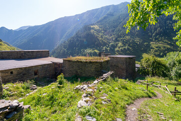 Old Fortress in mountain village Shatili, ruins of medieval castle. Khevsureti, Georgia