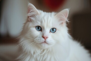 Photo of a fluffy white feline with striking blue eyes