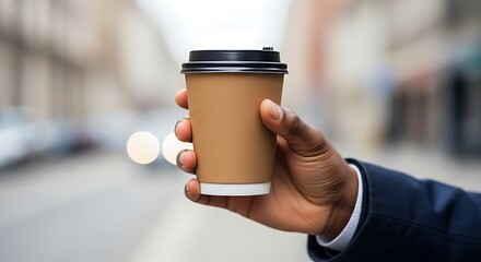 Man holding a disposable coffee cup on a city street