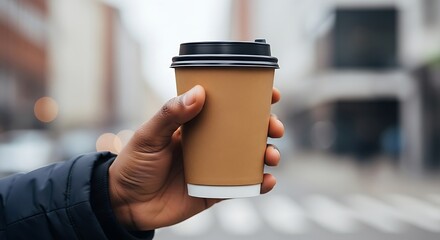 Person holding a disposable coffee cup outdoors on a city street