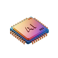 Ai processor chip with colorful gradient surface and pins isolated on transparent background