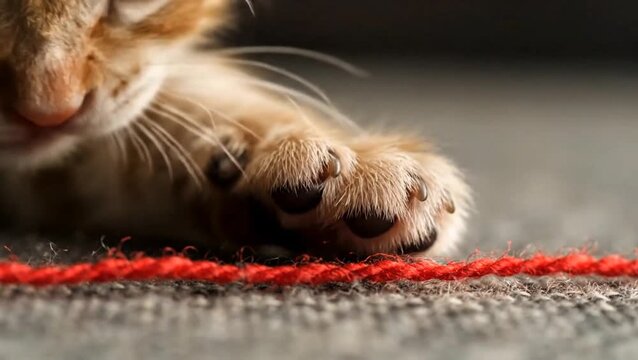 Close-up of an adorable small kitten's paw with soft pads resting near a red string