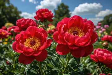 Fototapeta premium Bright red and golden peony flowers blooming in a sunny garden with a clear blue sky backdrop