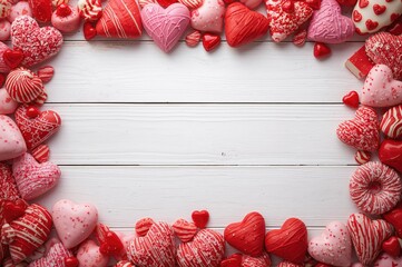 Assorted sweets forming a Valentine's Day themed border on a white wooden surface with ample space for text above.