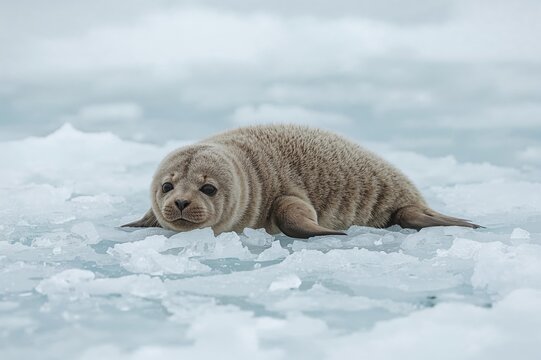 Infant Baikal seal resting on frozen lake surface in springtime