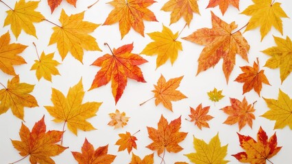 Obraz premium Overhead shot of bright orange-yellow maple leaves on white, seasonal fall background, natural textures, colorful leaves