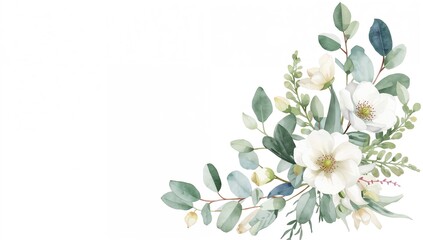 Hand-painted watercolor corner bouquet featuring white blossoms, buds, leaves, and eucalyptus sprigs on a white backdrop.