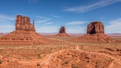 Iconic red sandstone formation with a hat-like appearance in a rugged desert environment beneath a clear azure sky.