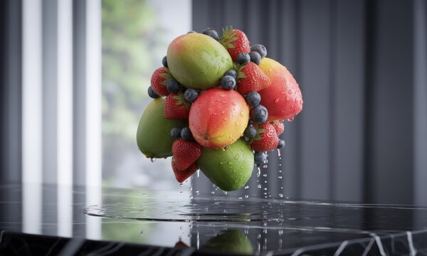 Floating fruit cluster, dripping onto dark surface