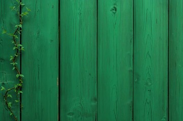 Fototapeta premium Rustic wooden planks intertwined with creeping vines on a green backdrop, featuring an abstract textured pattern