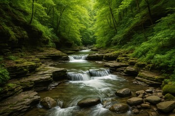 Obraz premium Natural landscape featuring trees, rocks, and flowing water in a park
