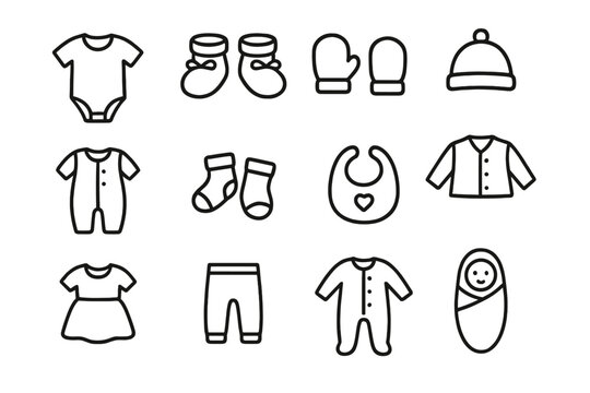 Dress clothing vector icons romper swaddle hat onesie sleep baby mittens socks