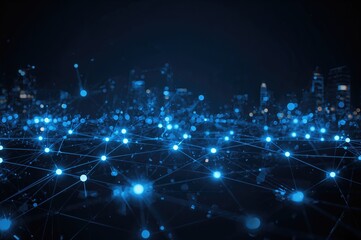 Concept of a wireless communication system shown through geometric dots and lines illustrating digital links over a dark cityscape.