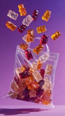 Falling gummy bears above open candy bag on vibrant purple background &ndash; playful food concept for sweets, snacks, and creative advertising