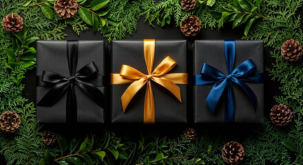 Black Gift Boxes with Colored Ribbons on Pine Branches and Cones for Holiday Styling and Seasonal Impact
