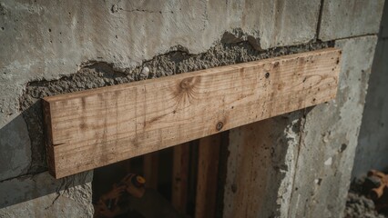 Wooden boards attached to a wall serving as a form for pouring a concrete lintel in a building project