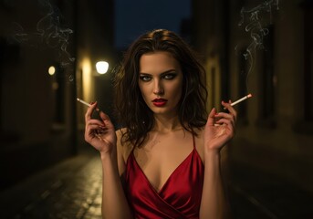 Obraz premium A woman in a crimson dress, smoking a cigarette, exudes a captivating allure in a dimly lit urban alleyway at night.