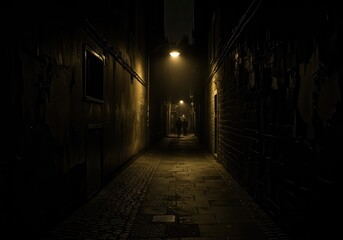 Obraz premium A narrow, shadowed alleyway at night, illuminated by a single streetlamp, casts long, dramatic shadows.