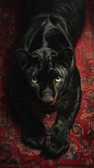 Black panther resting on ornate red rug, dramatic portrait capturing luxury, power, wildlife elegance&mdash;ideal for posters, branding, editorial art