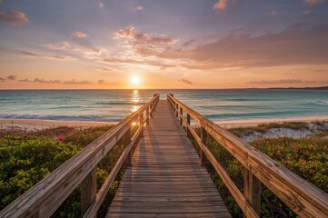 Obraz premium Sunset over a wooden footbridge with water and sky in a summer beach setting