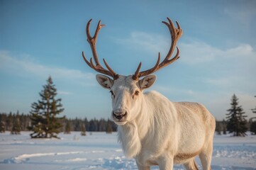 Large-antlered white reindeer roaming in the arctic zone