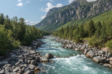 Untamed river flowing through a dense forest landscape
