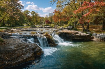 Water streaming down rocky ledges in a tiered waterfall. Stroll through the garden.
