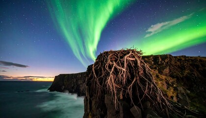 Viewing Aurora Borealis on Cliff Top Near Ocean at Night