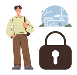 Man with backpack standing beside an airport terminal with plane overhead and large security padlock. Ideal for travel security, personal protection, safety, airport services, tourism