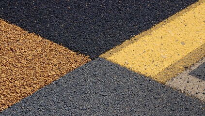 Fototapeta premium Beneath the pavement, recycled asphalt granules cover the road base, with remnants of the yellow parking lot surface visible along the border, shielded by a loose protective layer.