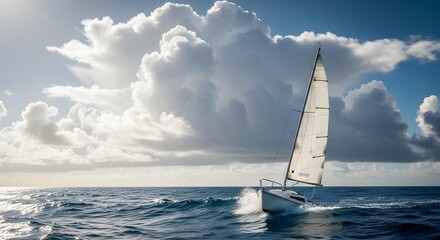 Obraz premium Small White Sailboat on Calm Water: Summer Vacation Scene