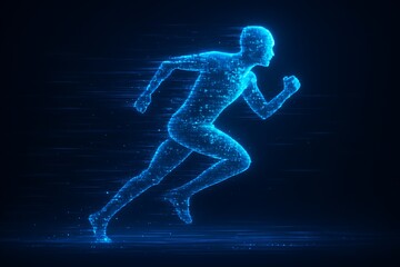 Futuristic Digital Runner Made of Glowing Blue Particles Symbolizing Speed, Technology, and Human Innovation