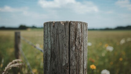 Fototapeta premium Detailed image of a wooden fence post surrounded by meadow