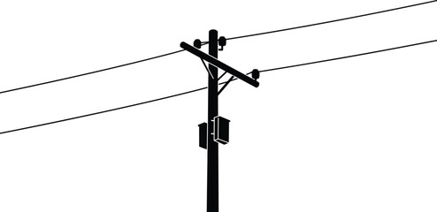 Utility pole silhouette, electrical infrastructure, black and white illustration, power distribution system, transformer design, urban energy, engineering structure