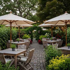Obraz premium A charming outdoor patio area, with wooden tables and chairs, is shaded by white umbrellas.