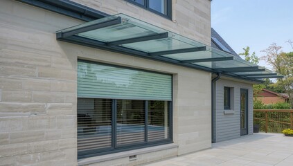 House exterior featuring a clerestory window, canopy, Venetian blinds, and slate, designed to control natural light entry.