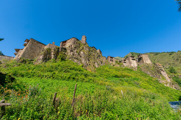 Old Fortress in mountain village Shatili, ruins of medieval castle. Khevsureti, Georgia